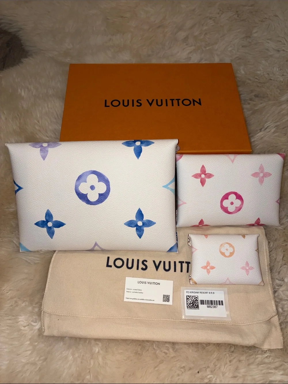 Authentic Louis Vuitton White Kirigami Set of 3 Multicolor Monogram Pouches